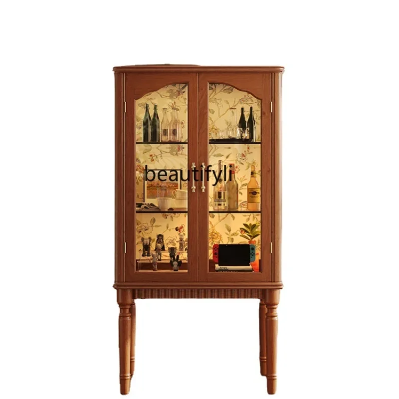 

French Retro Solid Wood Wine Cabinet Simple Home TV Side Cabinet Glass Display Locker