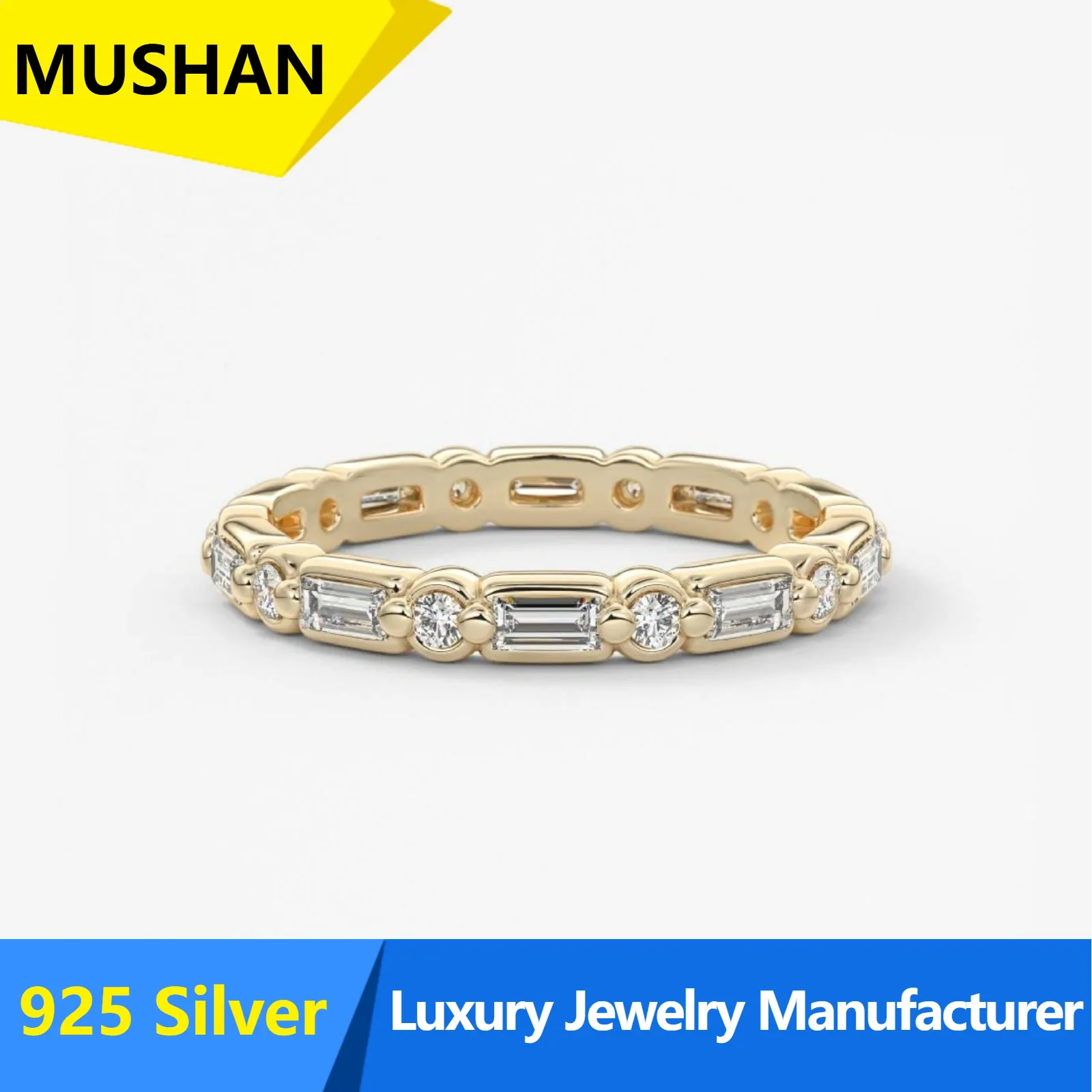 MUSHAN Luxury  Emerald Cut Round Full Inlay Wearing Row Ring ins Popular s925 Sterling Silver Moissanite Ring Women