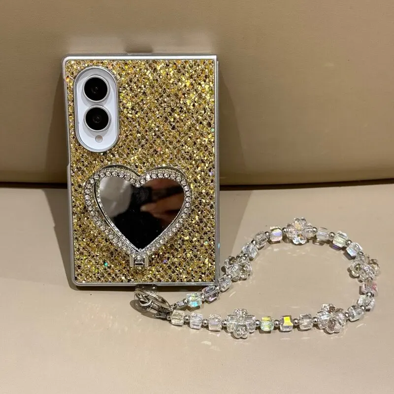 Glitter Gold Heart Mirror Phone Case For Samsung Galaxy ZFold8 ZFold8ultra Crystal Beads Wrist Strap Diamond Stand Cover Shell
