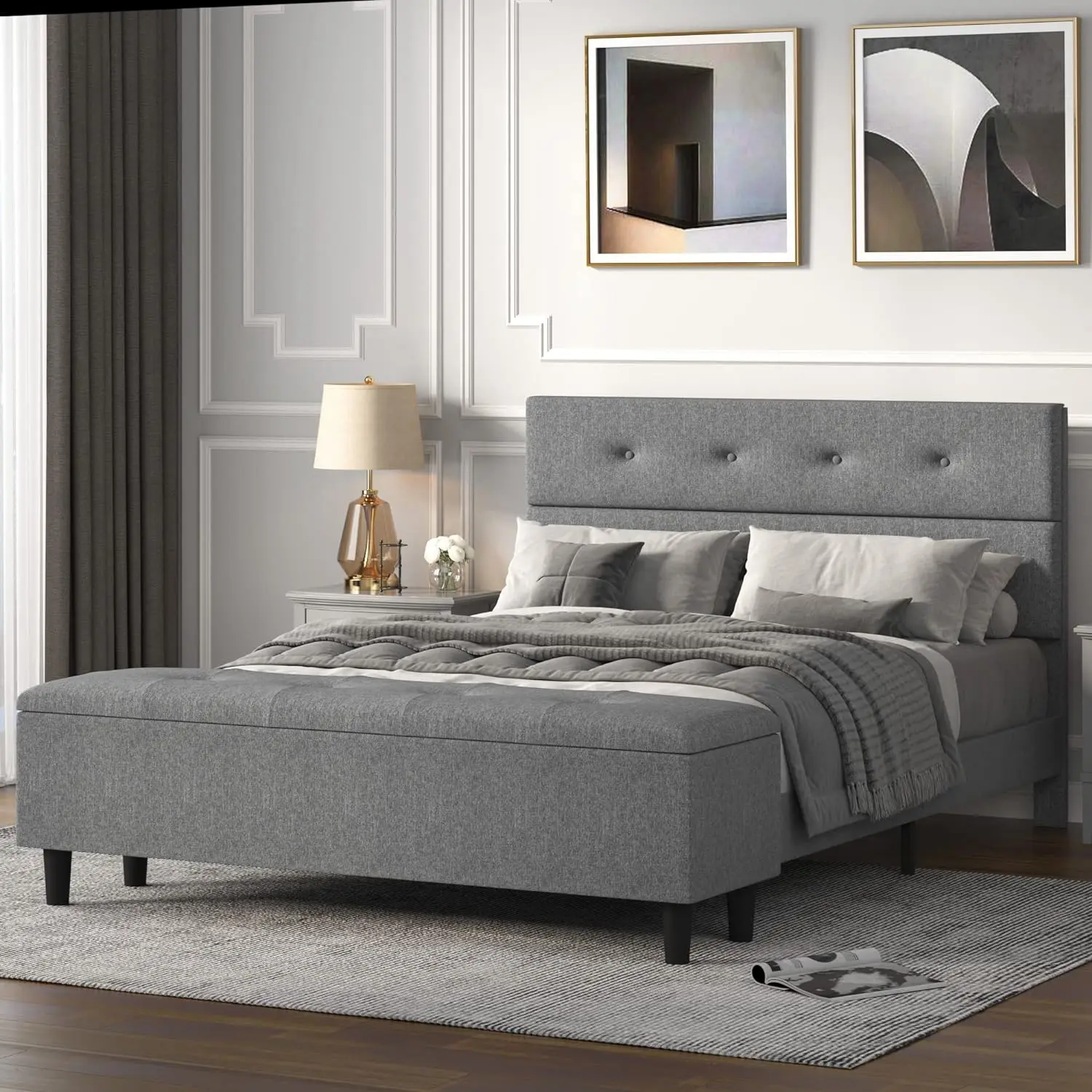 

Queen Bed Frame with 120L Ottoman Storage, Upholstered Platform Bed Frame with Mattress Foundation, Wood Slat Support