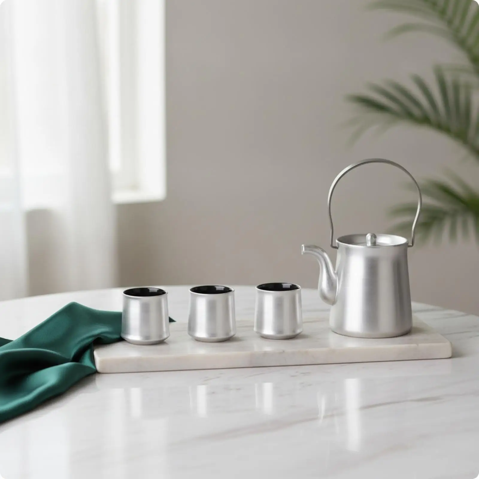 Elegant Brushed Silver Ceramic Tea Set Teapot with Cups and Tray for Contemporary Living Room Shelf Decor