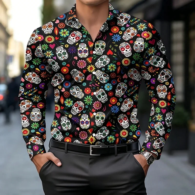 Day of the Dead Themed Men's colorful Candy Skull Floral Long-Sleeved Shirt, Retro Trendy and Versatile Shirt