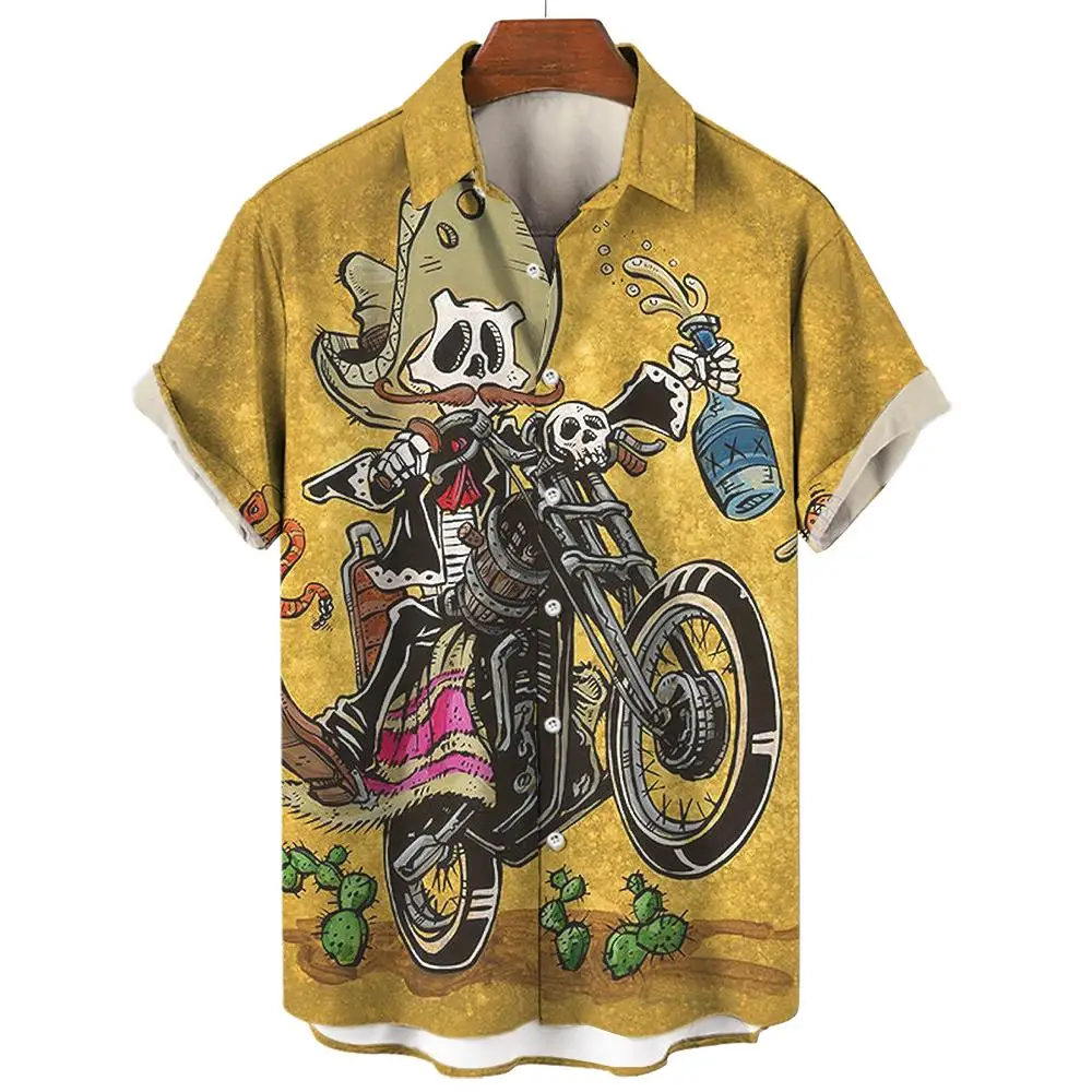 Hip Hop Shirt Skull Motorcycle Printed Men's Shirt Casual Short Sleeved Tees Top Vintage Shirt For Men Clothing Loose Streetwear