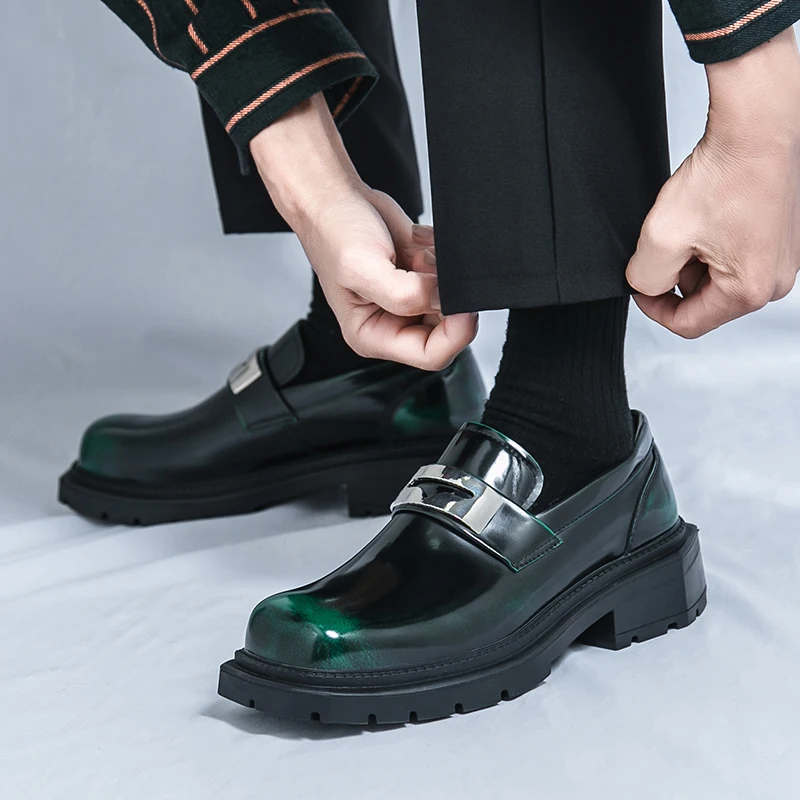 

Мужские зеленые лоферы из искусственной кожи с толстой подошвой, мужская официальная обувь для свадебной вечеринки, офисная деловая повседневная обувь, прогулочная обувь