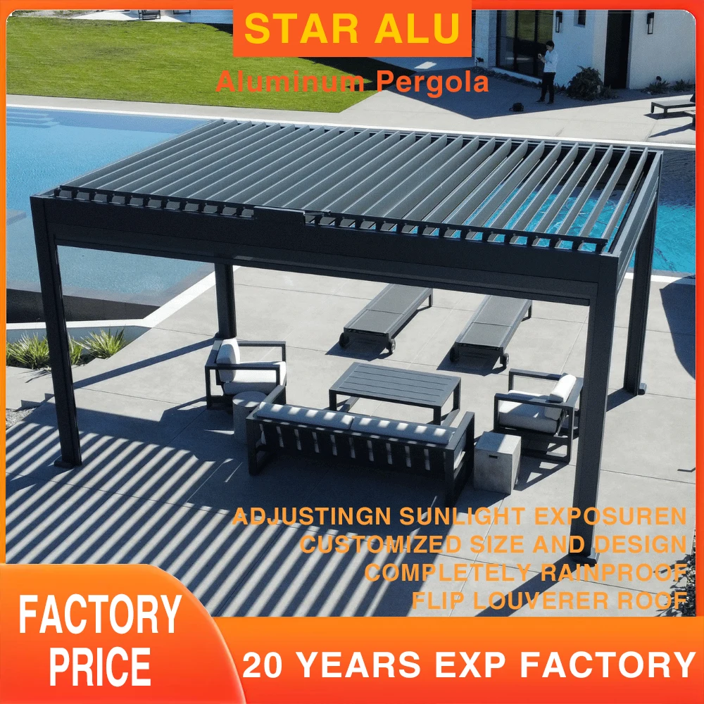 

Customized Waterproof Sunshade Glass Sliding Outdoor Pergola Aluminum Motorized Louvered Pergola with Motorized Roof