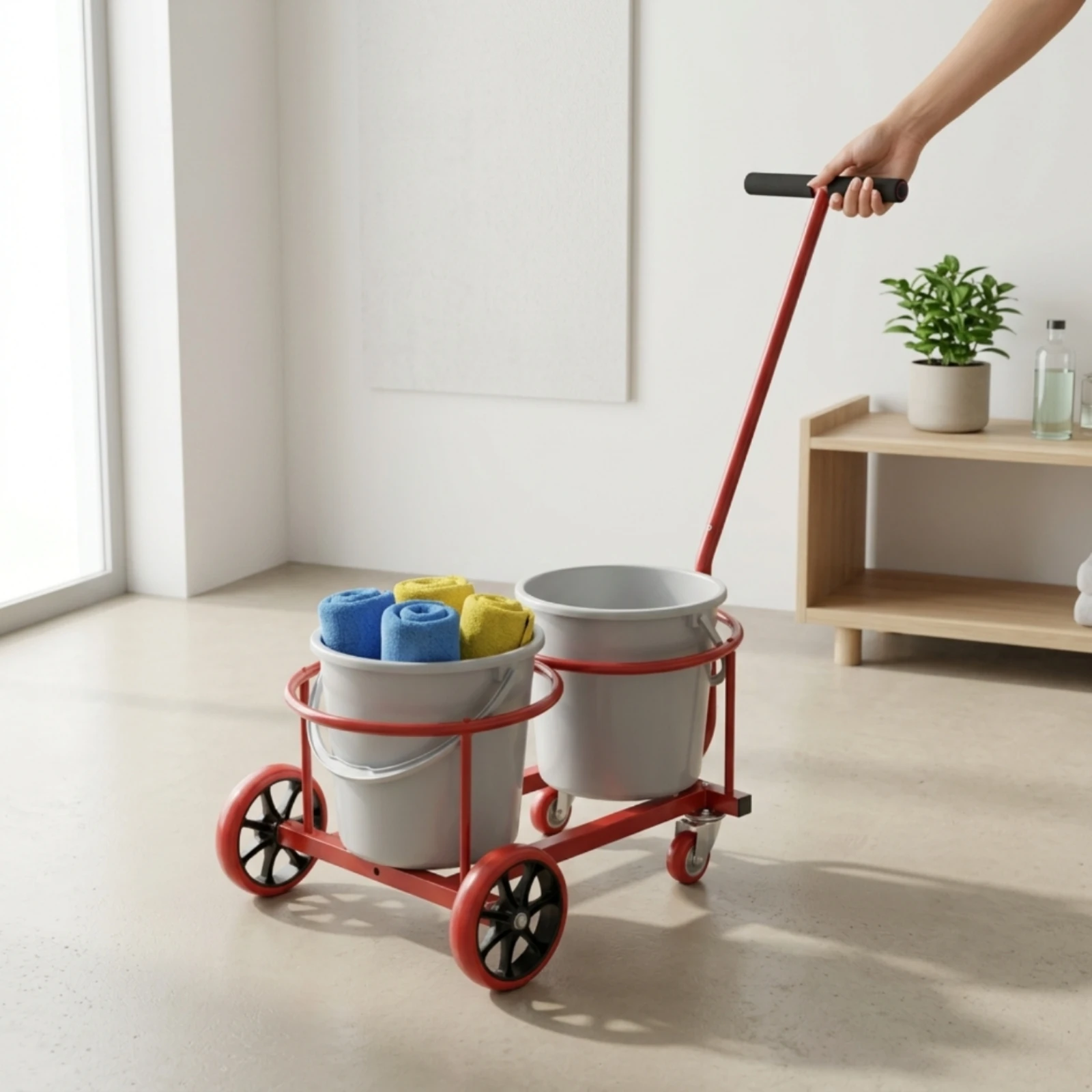 Rolling Cart with Pail Rings Mobile Pail Cart Hand Truck Sturdy for Cleaners, Garages, Workshops