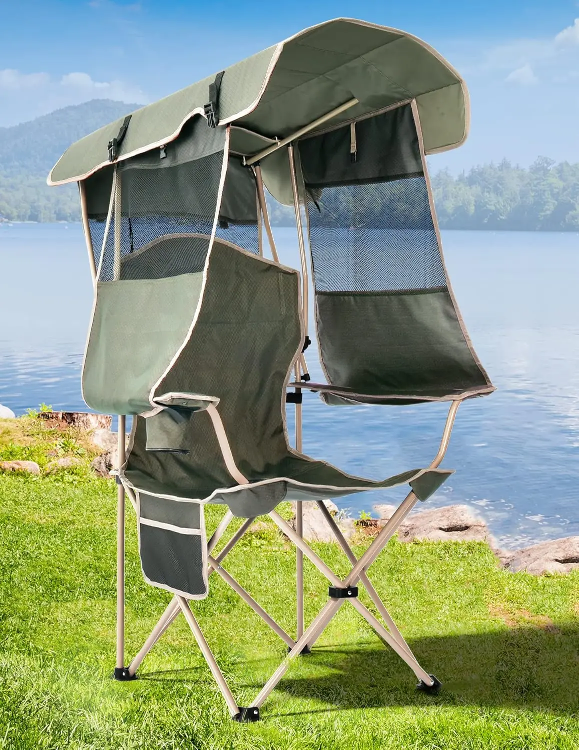 

Beach chair with canopy shade, folding camping chair with canopy with cup holder, side pocket campsite, supports 330 LBS