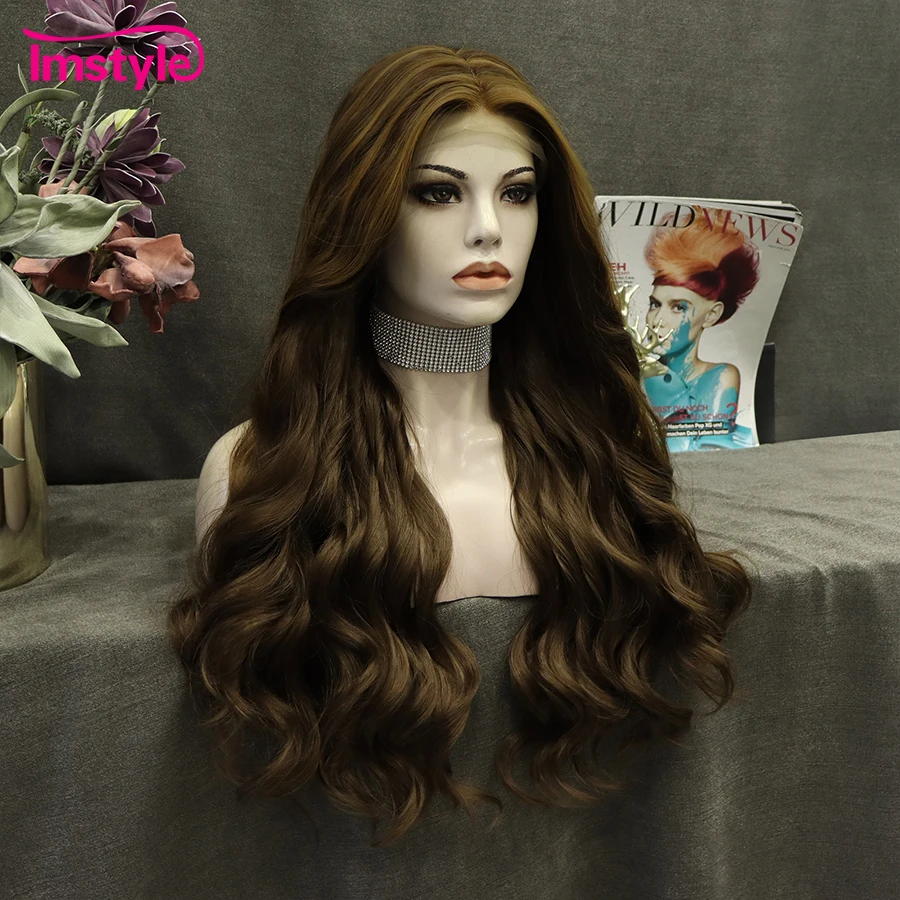 Imstyle Long Brown Lace Wig Synthetic Lace Front Wig T Part Lace Wig Blonde Highlight Natural Wavy Hair Daily Wigs For Women