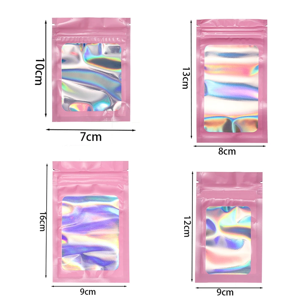 50pcs/Lot Iridescent Zip Lock Bag Pouches Cosmetic Plastic Laser Zipper Plastic Retail Packaging Poly Pouches Ziplock Bags