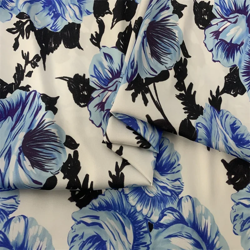 Brand Blue Rose Pattern Printed on High Quality Mitation Silk Stretch Satin Fabric for Dress DIY Sewing Skirt Material Per Meter