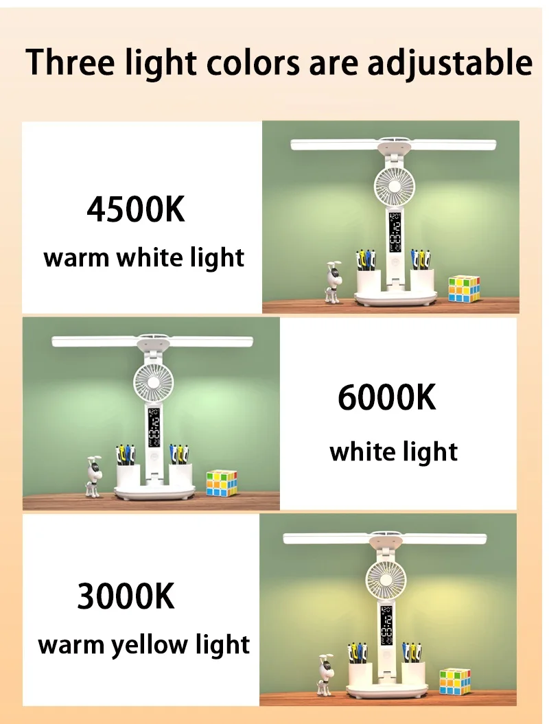 LED مكتب مصباح مع مروحة صغيرة عكس الضوء USB شاشة تعمل باللمس طوي الجدول مصابيح مع التقويم ساعة ليلة ضوء دراسة القراءة الخفيفة