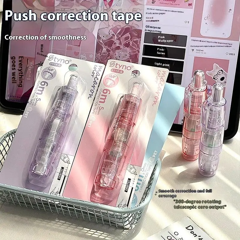 

360 Degree Rotating Correction Tape Press Type Refillable White Out Correction Pen Style Replaceable Core Student Corrector