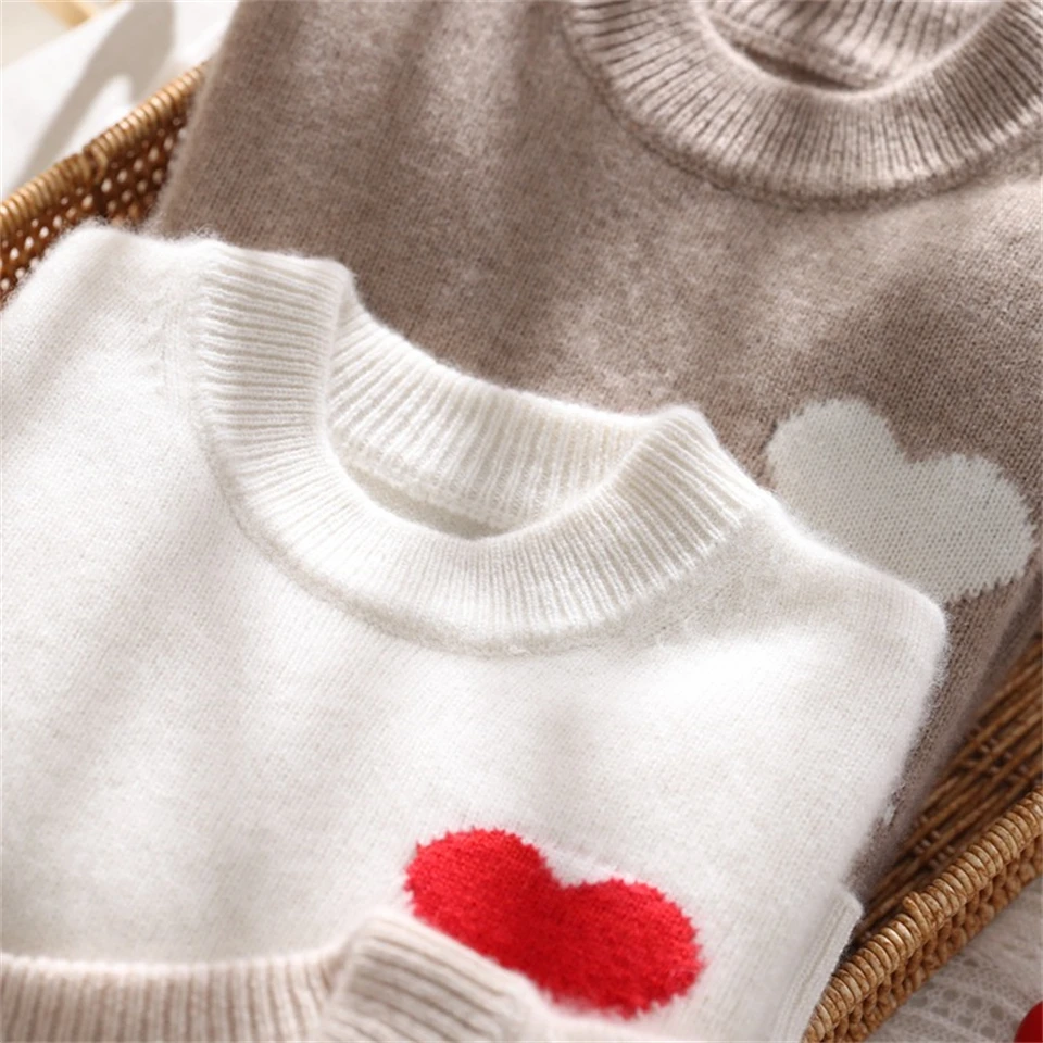 Children thickened 100% wool knitted sweater Boys girl round neck pullover keep warm Leisure cartoon heart pattern child sweater