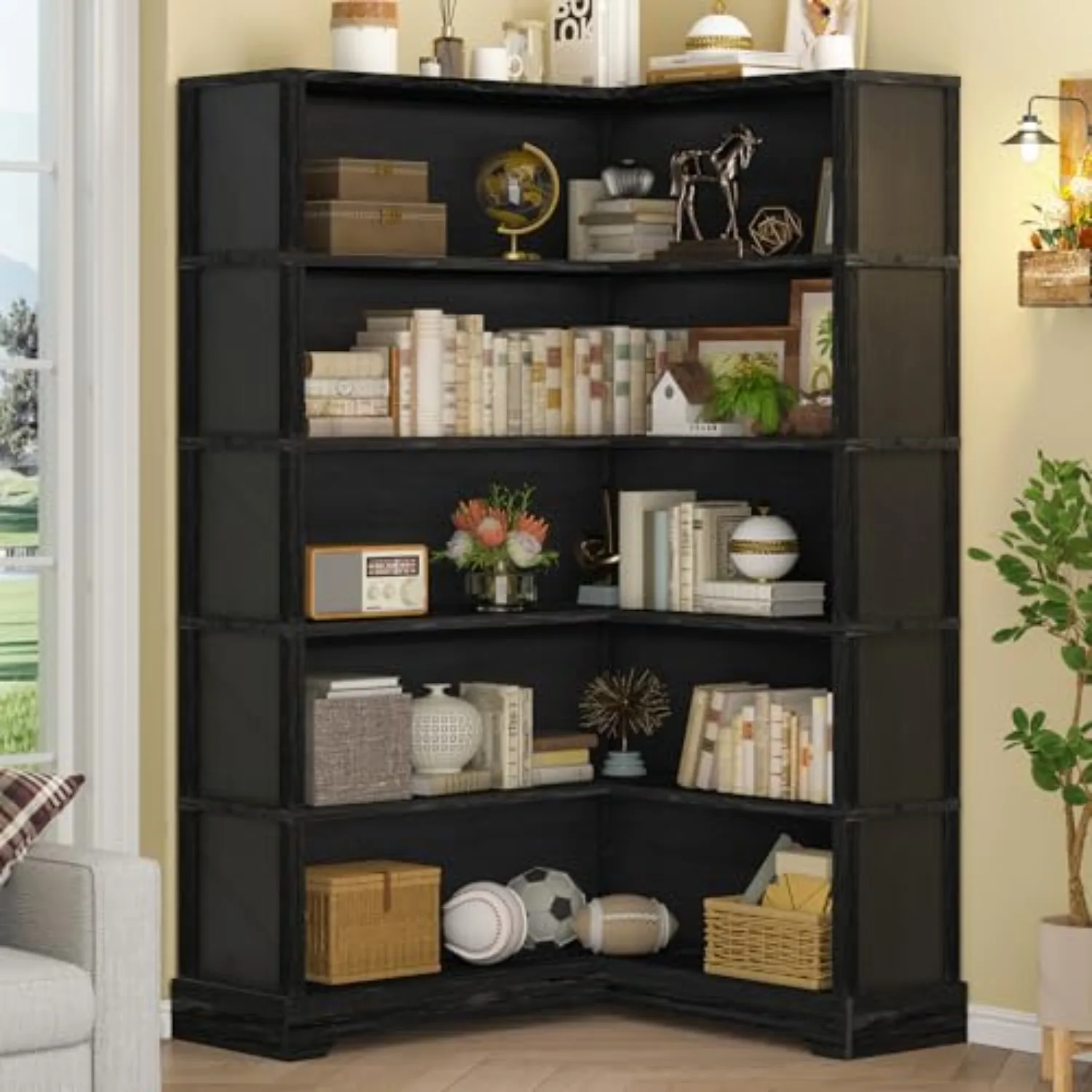 Wood Corner Book Shelf, 5 Tier 65 Inch Tall Bookshelf with Storage, Floor Standing Display Book Shelf for Living Room