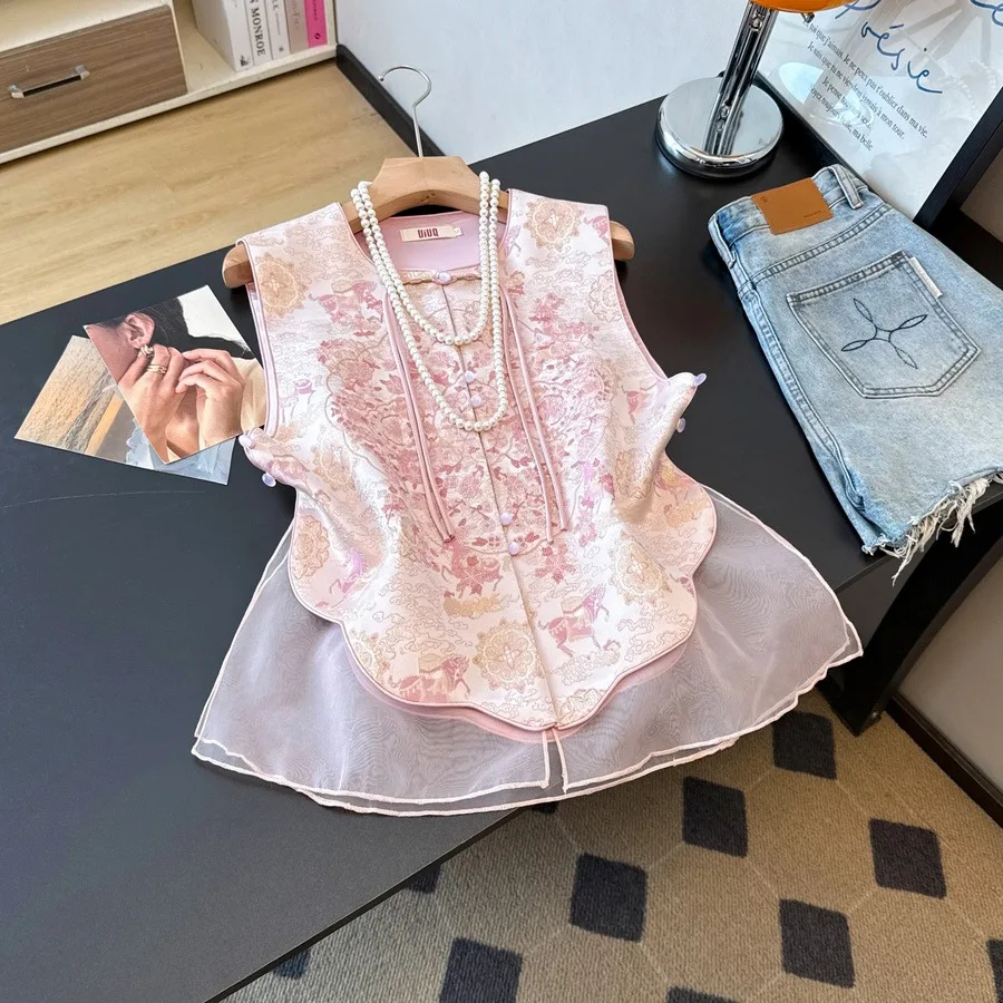 Handmade Chinese New Style Small Stand Collar Embroidered Pink Tulle Jacket Top Women's Vest Outerwear Regular Length Polyester