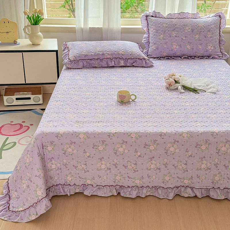 Princess Quilted Single Bed Cover with Lace Korean Washed Cotton Tatami Bed Cover for Home 1Pcs Thickened Skin Friendly Bedding