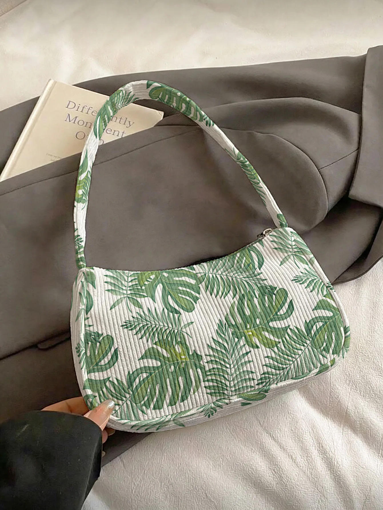 Trendy Tropical Monstera & Palm Leaf Print Shoulder Bag, Fresh Beige Corduroy Underarm Bag