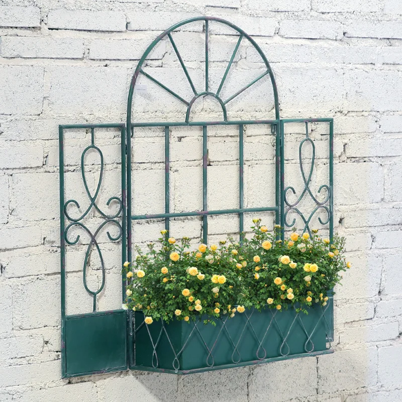 European style old wrought iron balcony courtyard wall fake window flower stand corridor garden gardening decoration