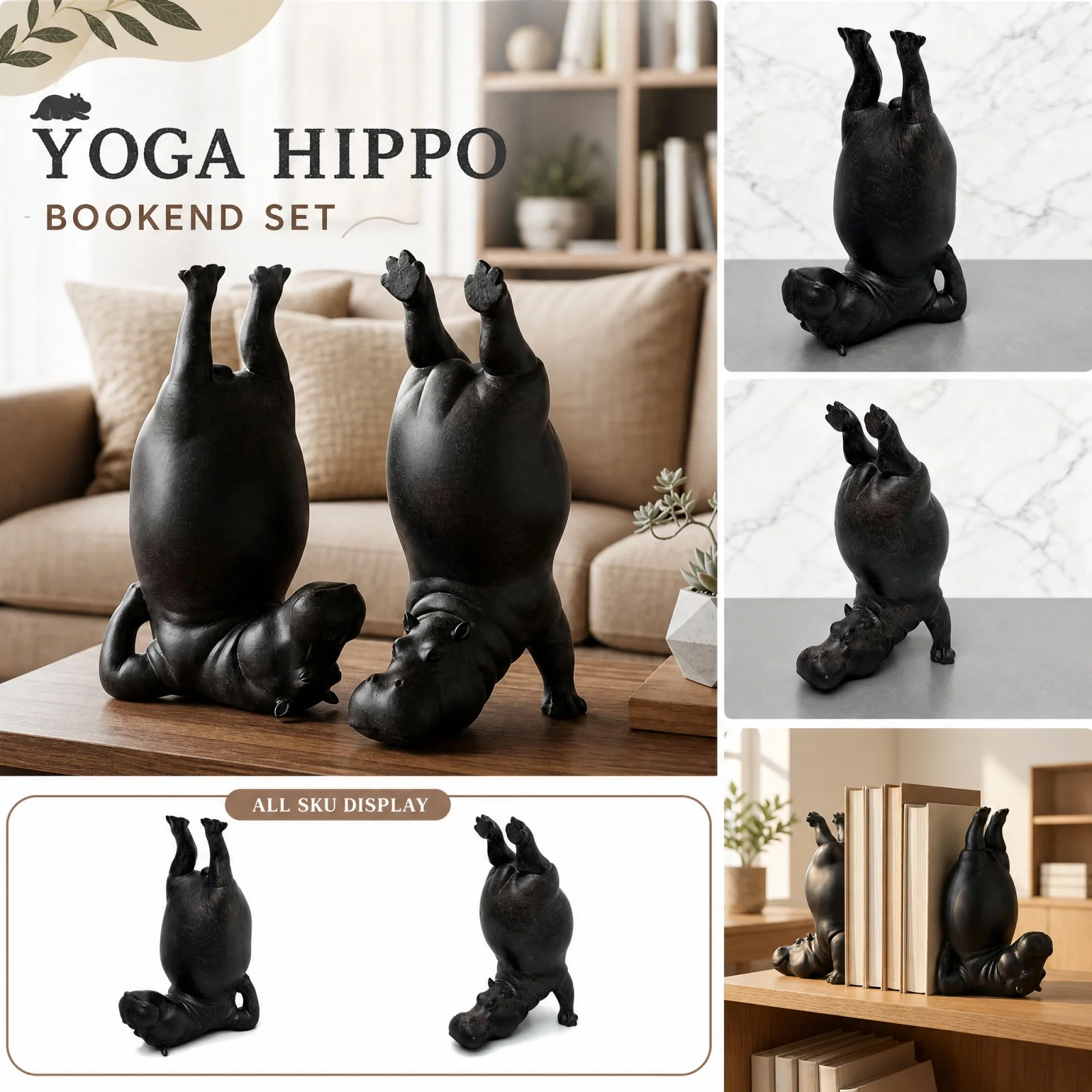 1pc Fun Upside-down Yoga Black Hippo Plastic Bookend Creative Animal Bookshelf Desktop Home Decoration Cute Holiday Gift