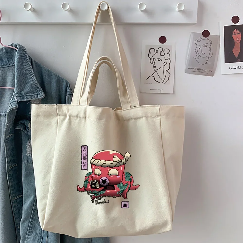 Women Canvas Shoulder Bag Cute Monster Print Girl Casual Handbag Tote Bag Reusable Large Capacity Shopping Travel Work Pouch