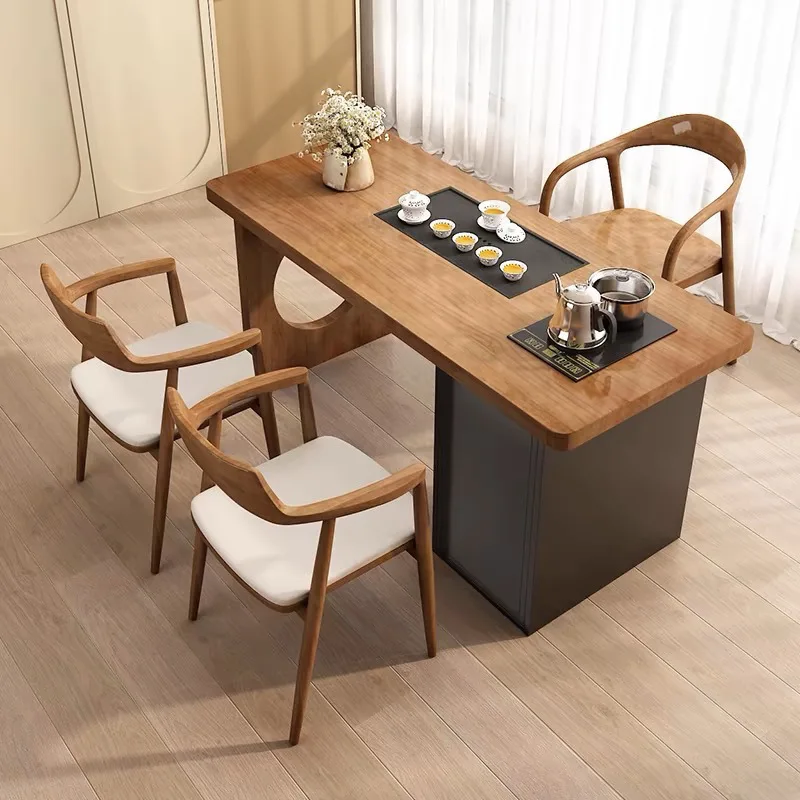 

Balcony tea table and chair combination small household tea table kettle integrated cream wind high-end solid wood balcony tea