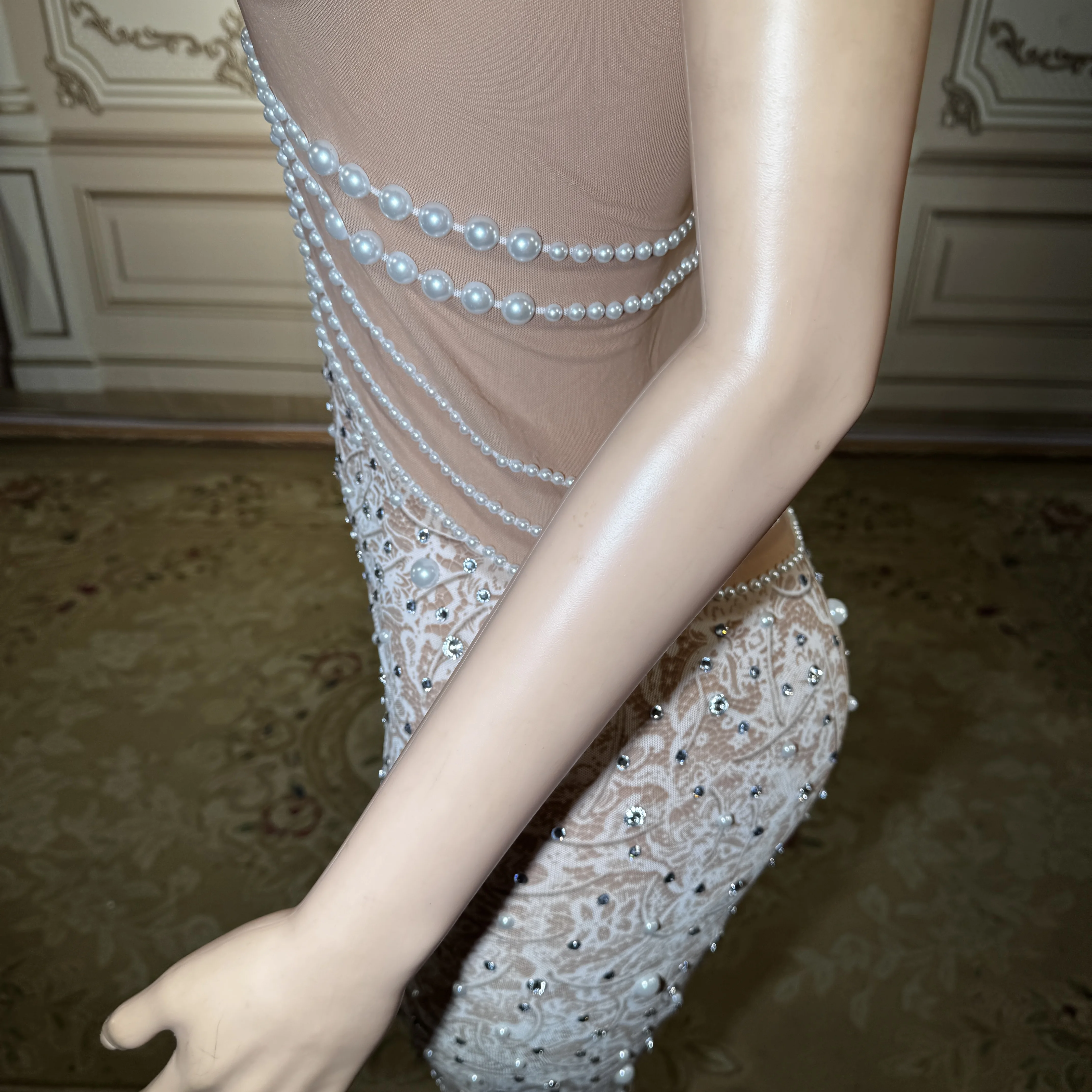 

ZD Women Elegant Nude Mesh Rhinestone Bodycon Maxi Dress Luxury Crystal Beaded Sleeveless Party Evening Dress