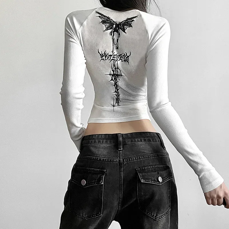 Y2k T-shirts Women Spring Long Sleeve Vintage Tee Casual Letter Print Female Fashion Crop Tops Slim All-match Cool Girls Korean