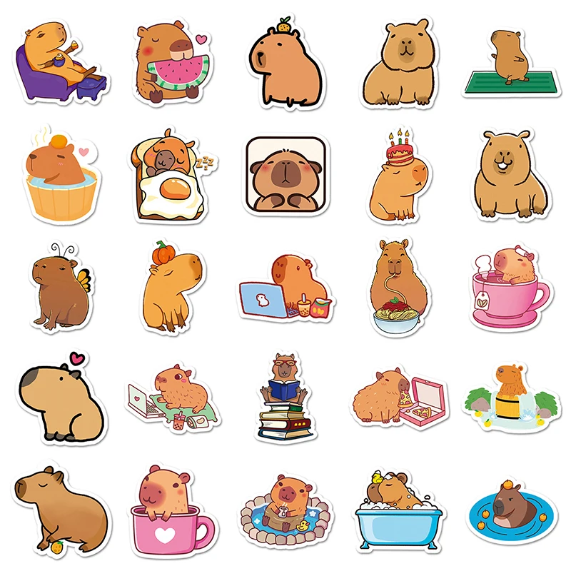 50Sheets Cartoon Creative Capybara Stickers Stationery Tablet Luggage Bottle Guitar Decoration Sticker DIY Waterproof Stickers