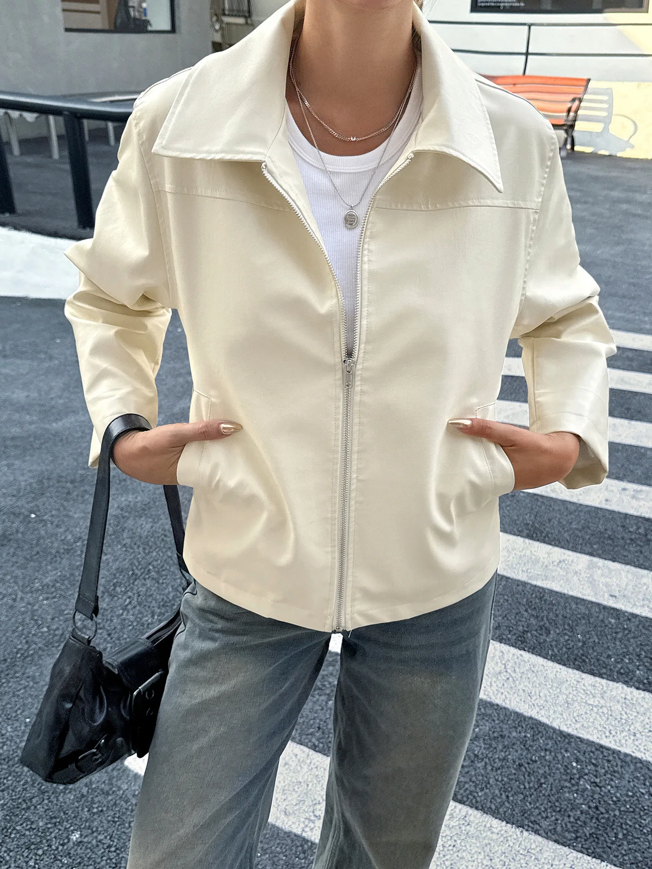 Nueva chaqueta de PU ajustada de Color sólido con cuello vuelto de manga larga informal a la moda Otoño/Invierno, 3 colores