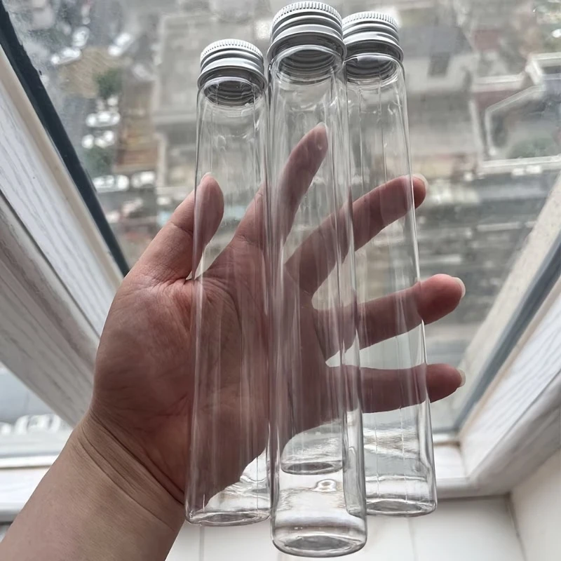 26-Pack of 100ml Transparent Plastic Test Tube Empty Bottles with Aluminum Screw Caps, Straight Tube Bottles for Storing Handmade Materials, Fragrances, and Small Items