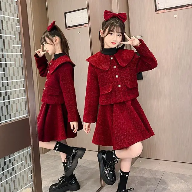 2026 spring winter Girls set Cloth red teenager knitted button Cardigan crop top coat + pleated skirt 4 8 5 10 12 14 new year
