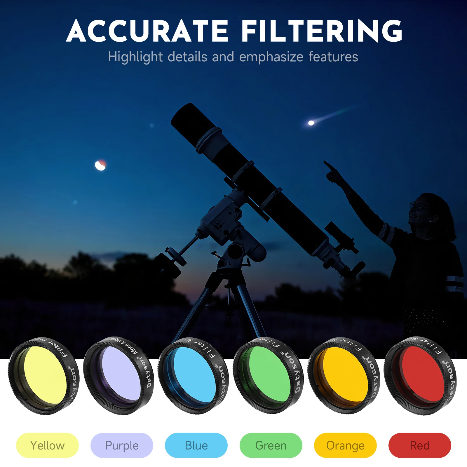 Datyson 1.25-inch (31.7mm) M28.6×0.6mm color optical glass filter 6 colors available, for astronomical telescopes