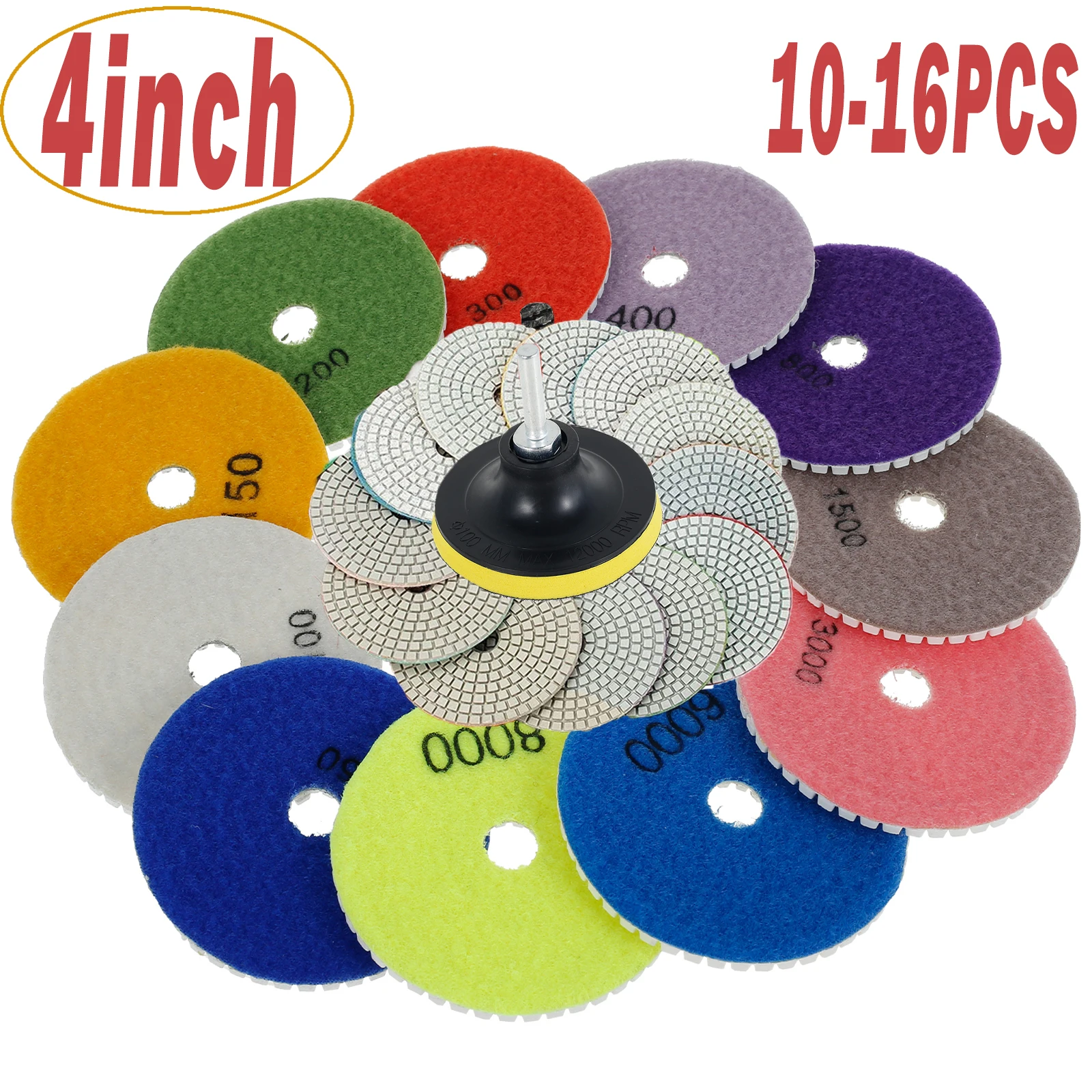 10-16pcs 4 inch Diamond Polishing Pads Kit Wet/Dry Buff Disc Abrasive Grinding Discs Set for Granite Concrete Glass Polishing