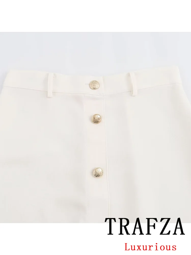 TRAFZA Vintage Casual Chic Women Skirt  White Solid Single Breasted Long Skirt New Fashion 2024 Summer Elegant Long Skirts