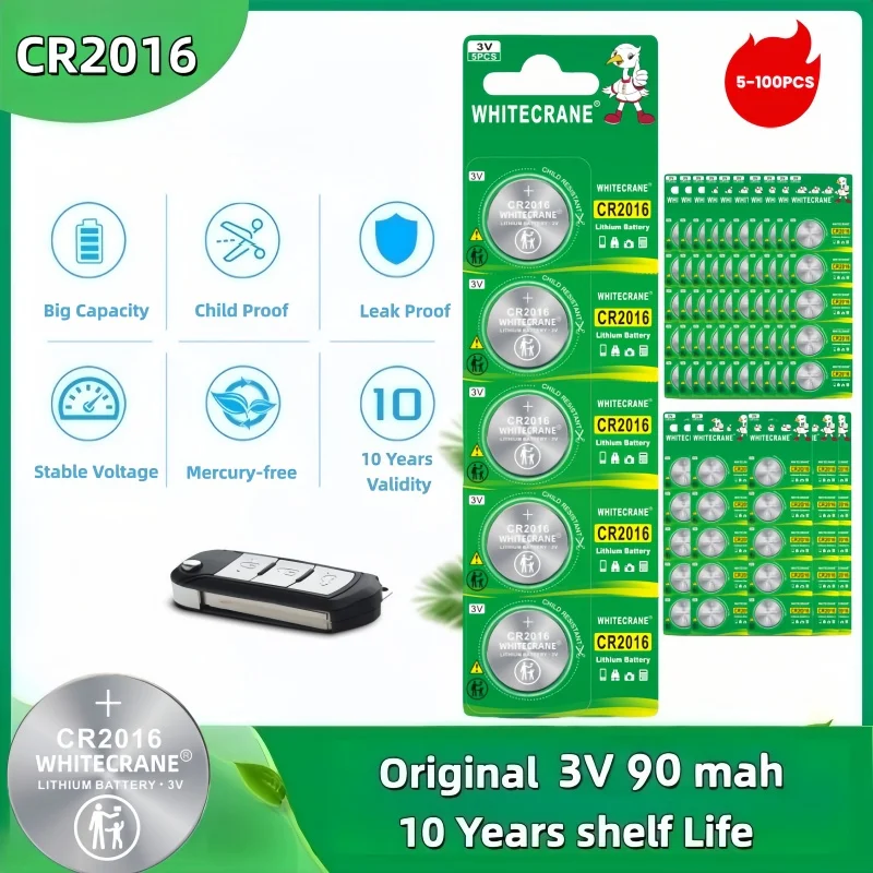 

5-100pcs CR2016 3V Lithium Button Coin Cell Battery, 90mAh for Watch Car Key Remote Control Computer Motherboard Toys Calculator