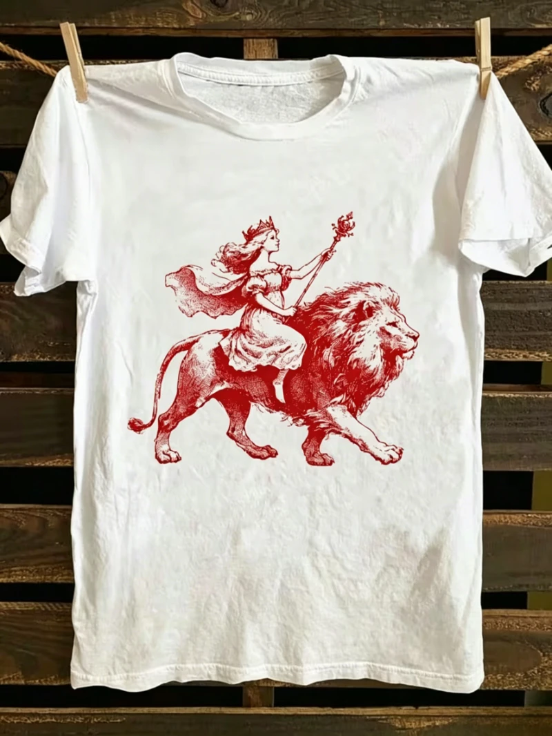 Retro Goddess On Lion Print T-shirt Vintage Mythology Graphic Short Sleeve Tops Men Women Casual Loose Streetwear Daily Wear Tee