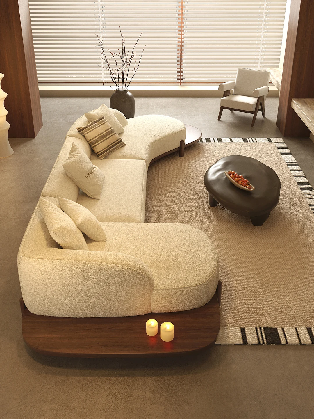Cream Boucle Curved Sofa Semi Circle Couch With Wood Side Shelf Solid Walnut Base Japandi Beige Luxury Living Room Furniture