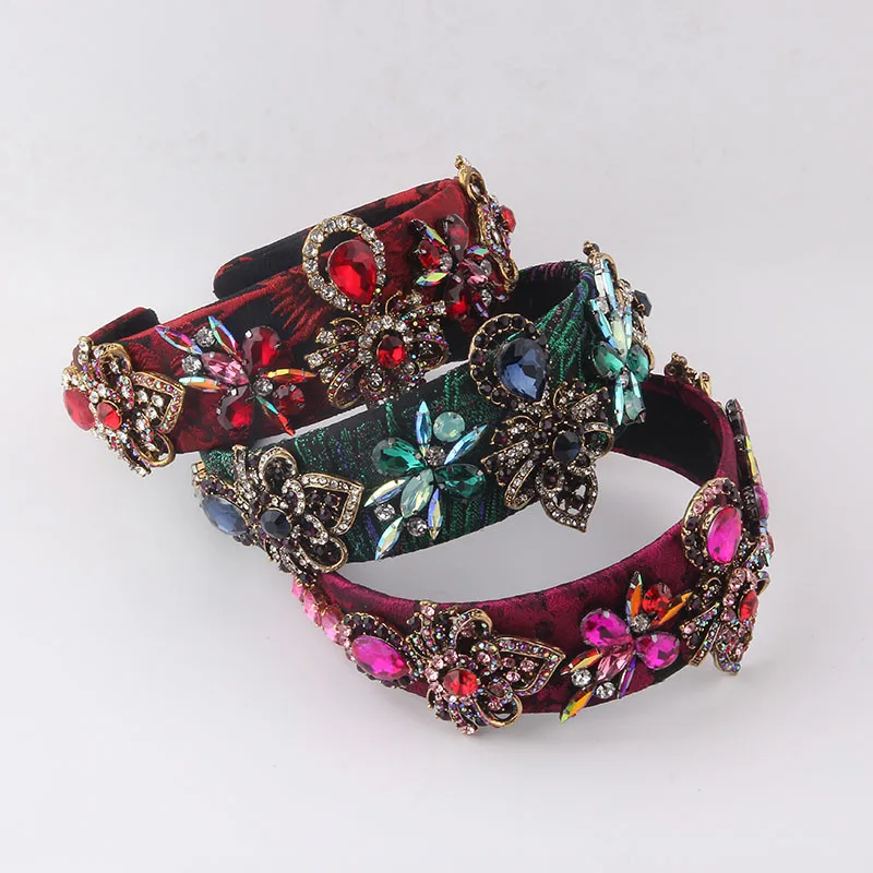 

European and American New Baroque Colorful Fabric Inlaid Diamond Flower Headband for Women Gorgeous Hair Accessory