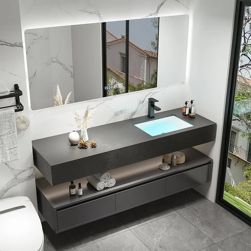 Rock slab hot bending integrated basin bathroom cabinet combination rock slab seamless ceramic basin hotel washbasin wash basin image 3