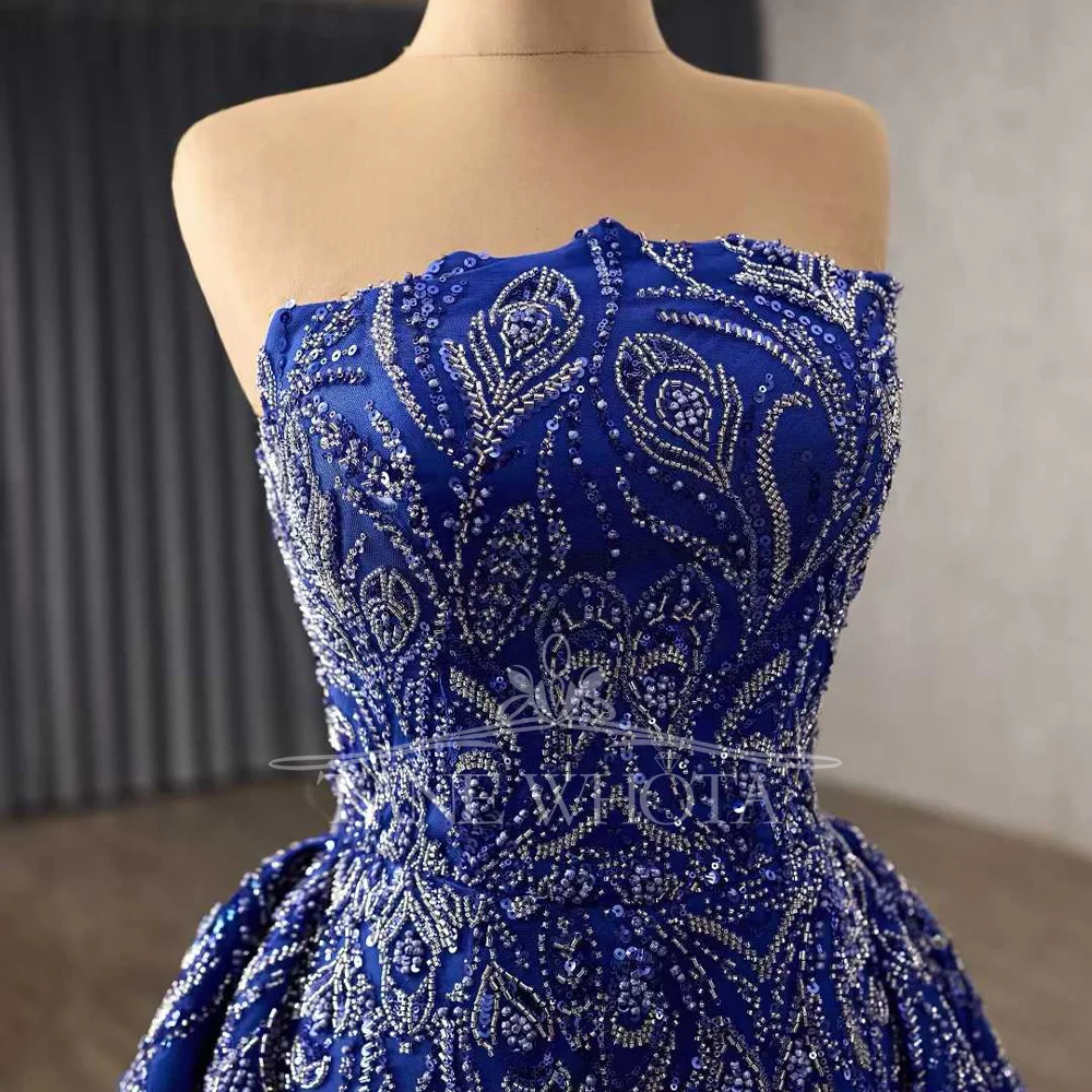 Blaues trägerloses, ärmelloses Abendkleid mit Schnürung am Rücken, Perlenstickerei und Pailletten, anpassbares Kleid für besondere Anlässe für Frauen