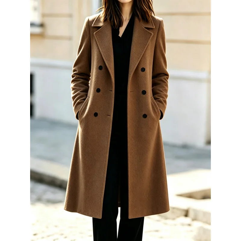 Women Autumn Winter Lapel Collar Double Breasted Faux Wool Coat Vintage Solid Color Long Sleeve Trench Jacekt Outerwear