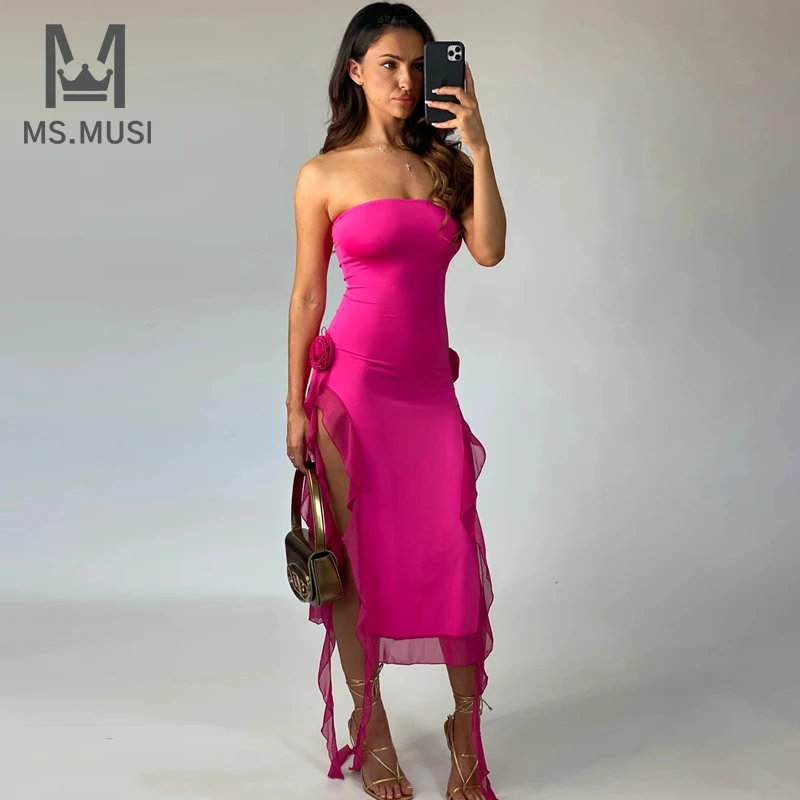 MSMUSI 2024 New Fashion Women Sexy Strapless Floral Falbala Ruffles Draped Fold Sleeveless Bodycon Party Club Event Midi Dress