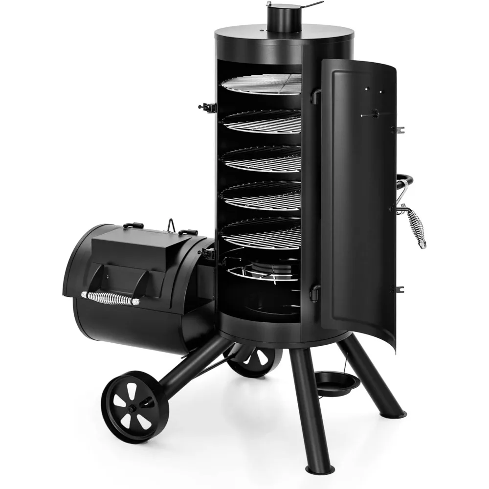 Vertical Offset Smoker Charcoal Grill,Extra Large BBQ Barrel Grills and Drum Smoker Combo with hanging racks