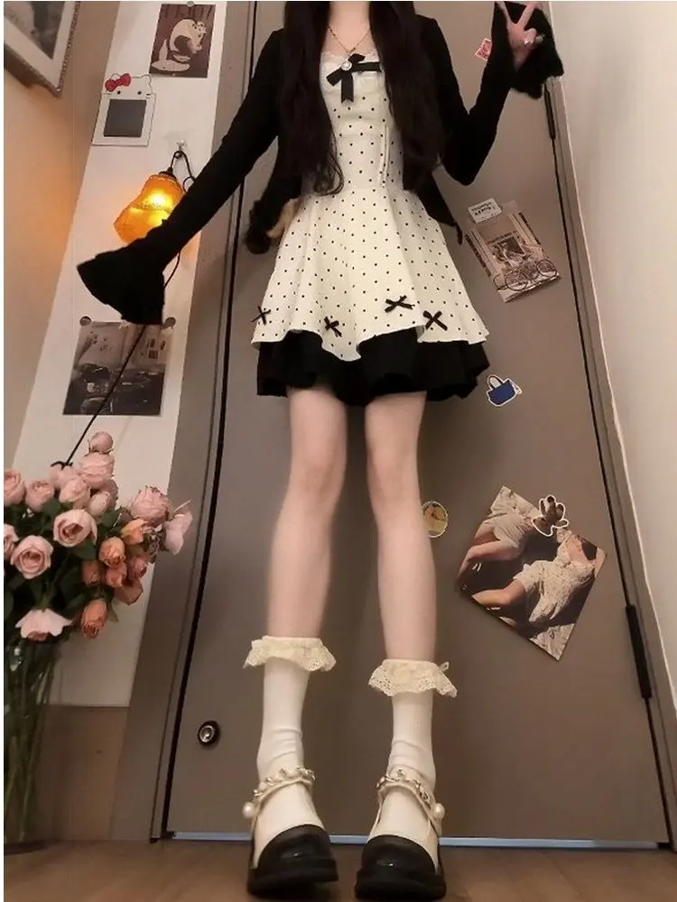 Retro Sweet Japanese Style Polka Dot  Knot Dress Set Women's Student Korean Version Autumn Open Cardigan Two Piece Set