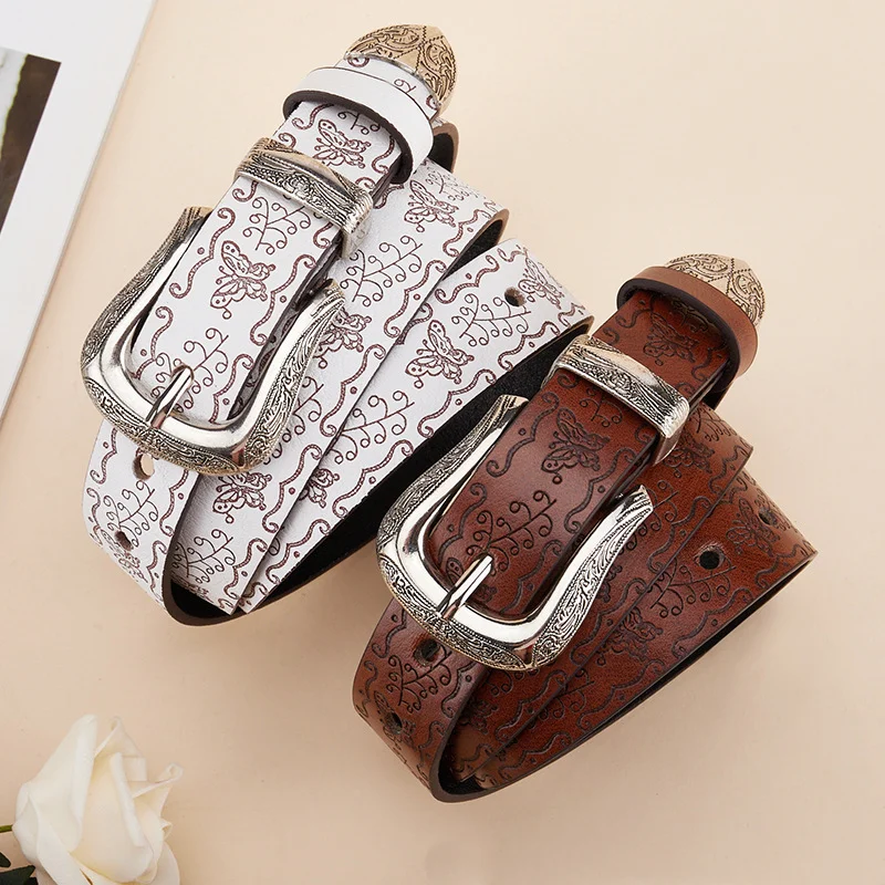 Women Men PU Leather Belt Vintage Ladies Western Belt Engraved Tooled Leather Belt Cowboy Cowgirl Country Belt
