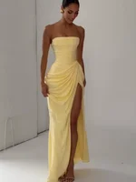 Solid Sexy Pleated Strapless Dress Women Chic Off-shoulder Backless High Waist Split Maxi Dresses 2026 New Evening Party Gown - Image 3