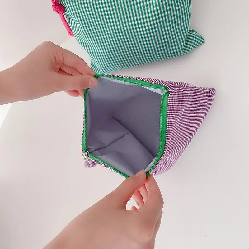 Borsa per trucco scozzese da donna per ragazza Borsa per cosmetici in cotone e lino con custodia con cerniera Pochette semplice portatile di grande capacità