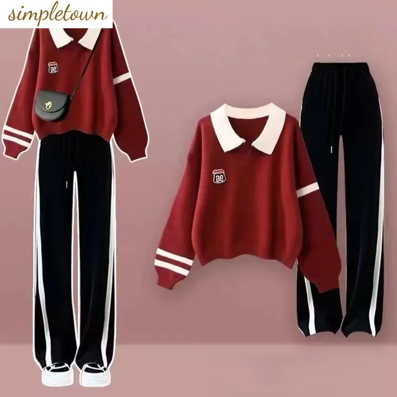 

2023 Sweetwear College Style Women's Autumn and Winter New Casual Sports Wide Leg Pants Two Piece Polo Sweater Set