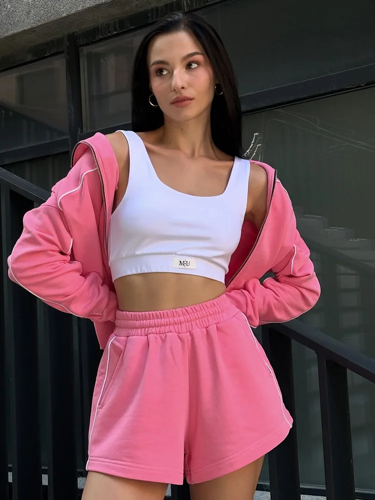 

Fashion Casual Outfits 2 Pieces Long Sleeve Zipper Jacket Cardigan Top and Striped Shorts New Women's Sport Sets Outdoor