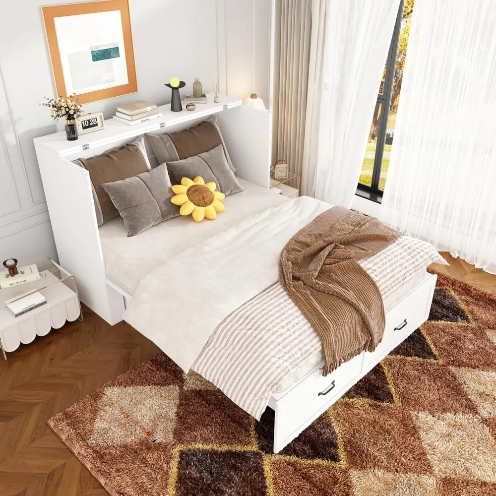 

Queen Size Murphy Bed Cabinet with Charging Station & Drawer, Murphy Chest Bed with Black Handles, Space-Saving, for Guest Room